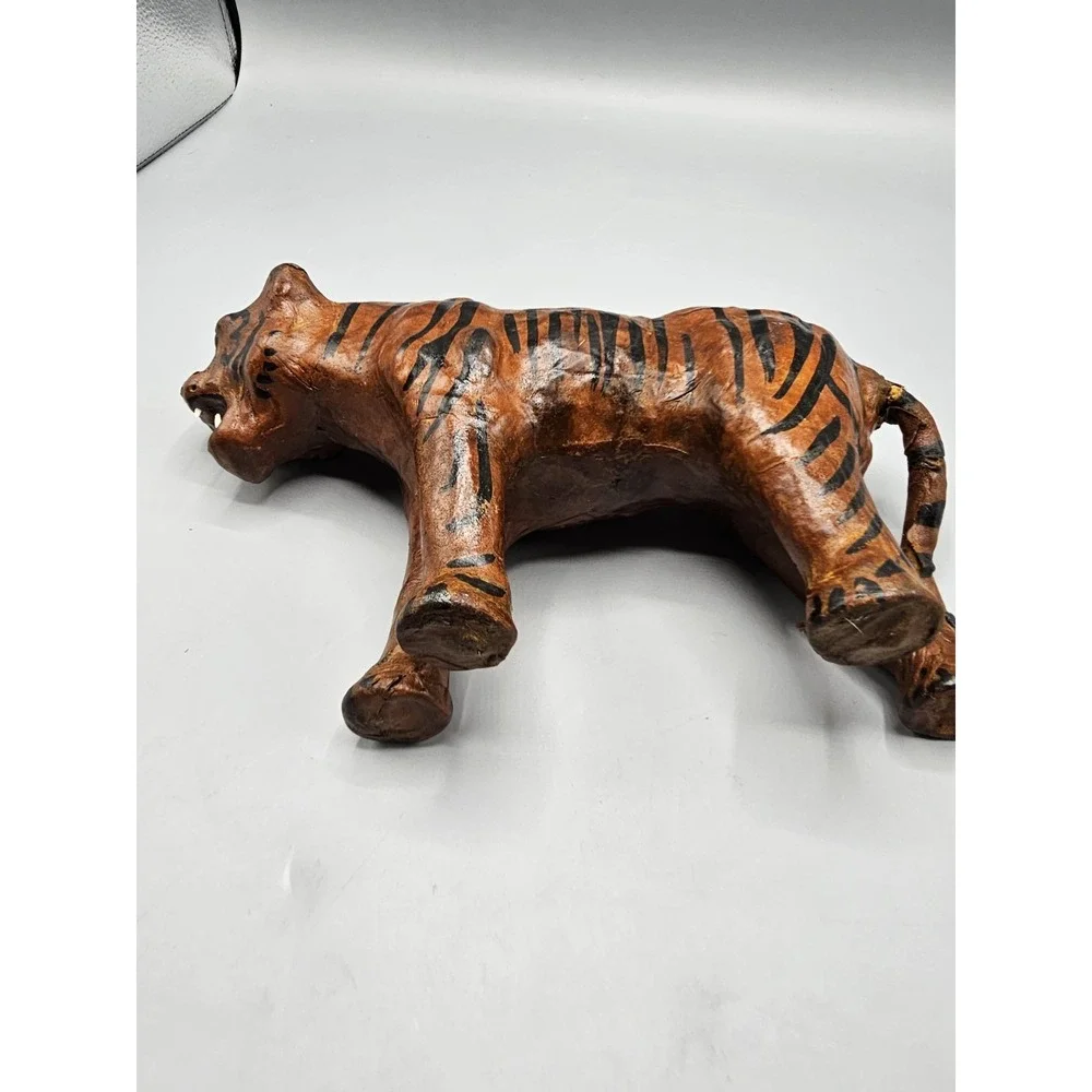 Vintage Leather Wrapped Paper‎ Mache Bengal Tiger Figurine Yellow Glass Eyes 11